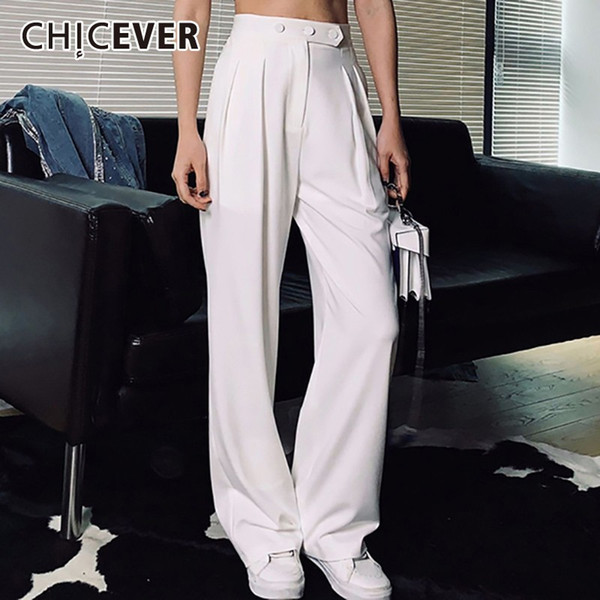 CHICEVER Casual Women Button Mid Waist Pant Loose Pockets Straight Pleated Full Length Pants White Woman Summer 2019 Fashion