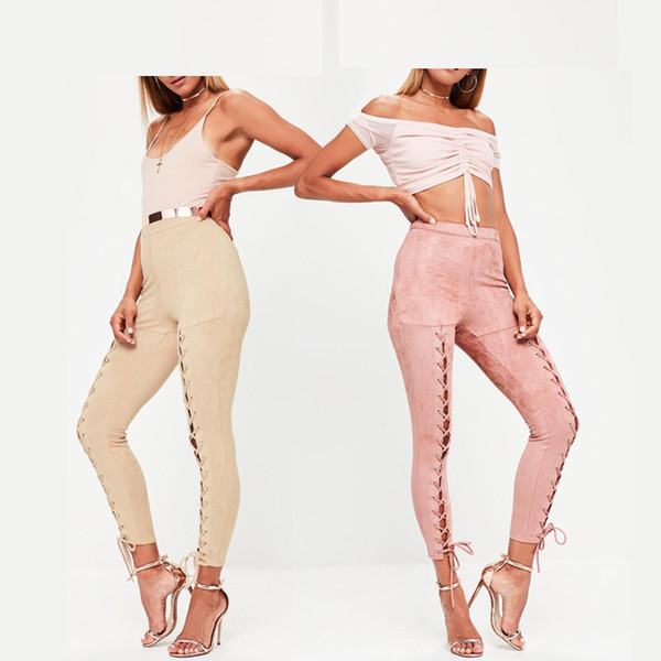 Women Pencil Pants New Fashion Skinny Suede Ninth Pants Solid Pink/Khaki Hollow Out Trousers Pydownlake Feet Pants