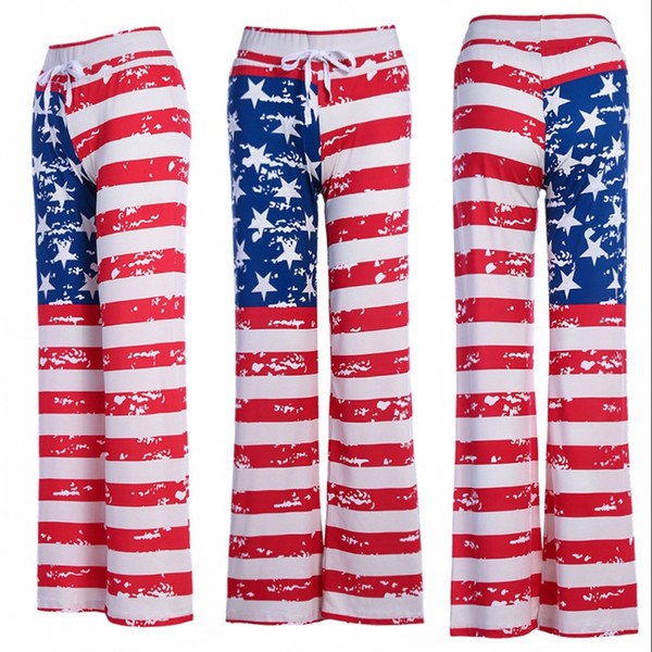 Casual Women Pants with Drawstring USA American Flag Printing Stripe Full Length Pant Loose Comfortable Trousers FS5578