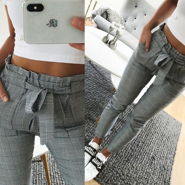 Vintage gray grid casual pants women pants trousers female 2018 spring streetwear capris summer