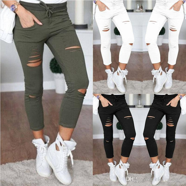 2017 New women fashion slim hole sporting Leggings Fitness leisure sporting feet sweat pants black gray navy blue hollow trousers