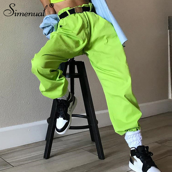 Simenual Pockets neon green cargo pants women high waist streetwear trousers high waist oversize 2019 spring sweatpants fashion