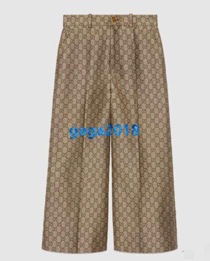 High end women girls letter jacquard canvas culotte pants Beige and brown relaxed fit with wide leg style Pleat details Trousers 19ss Capris