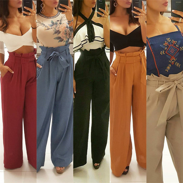 Paperbag Trousers for Womens Clothes Spring Summer Fashion High Waist Wide Leg Casual Leisure Pants