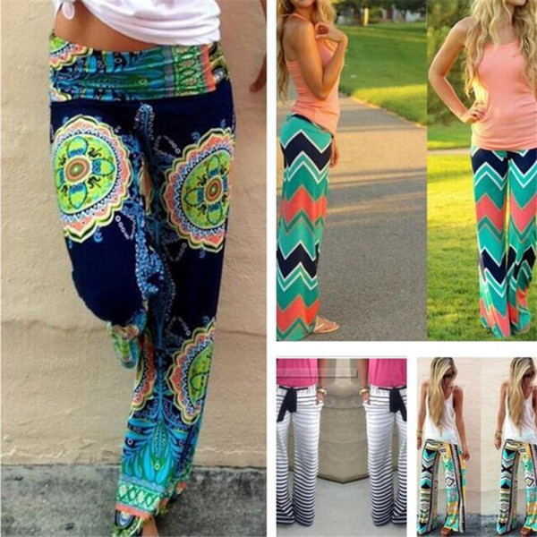 Women Boho Ethnic Pants Bohemian Floral Print Wid Leg Loose Pants Striped Trousers Waves Silky Bottoms M110