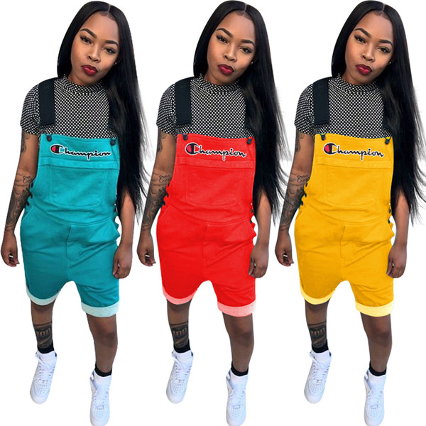 Solid Color Women Champions Letter Overall Shorts Jumpsuit Suspender Pants Straps shorts Overalls Summer Romper Brace Trousers S-2xl 089