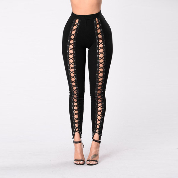 Women lace up nine Pencil Pants hole Trousers For Ladies High Waist Criss cross Tie Fitness Elastic Bodycon Leggings