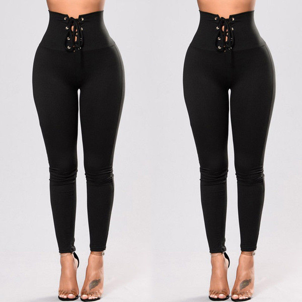 New Europe Women's Yoga Pants Lace Up High Waist Tracksuit Sports Pants Lady Bodycon Slim Pencil Trousers C4062