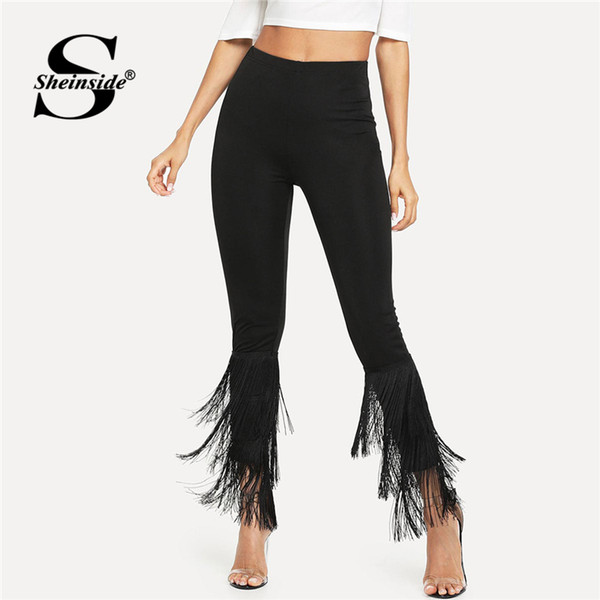 Sheinside Black Tiered Layered Fringe Hem Skinny Pants Elegant Crop Trousers Women Stretch Capris 2019 High Waist Womens Pants