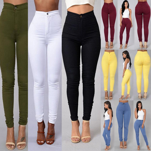 Free Shipping Sexy Women Solid Color Skinny Stretch Polyester Slim High Waist Full Length Trousers Leggings Jeans Pants CL114