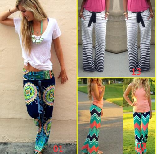 Hot Women Boho Palazzo Ethnic Pants Bohemian Floral Print Wid Leg Loose Pants Striped Trousers Waves Silky Bottoms F107