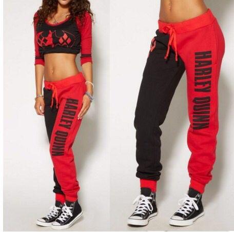 Women's Letter Printing Running Pants Harley Quinn Joggers Trousers Ladies Red Black Patchwork Jogging Gym Pants