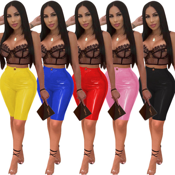 Women Faux Leather Skinny Shorts Girls Fashion Sexy PU Button Fly Zipper High Waist Slim Knee Length 1/2 Capris Short Pants