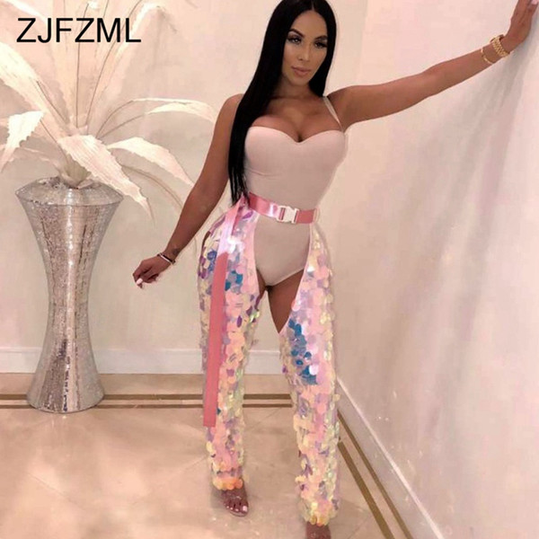 Glitter Colorful Sequined Sexy Bandage Pant Women High Waist Adjustable Sashes Bodycon Trouser Streetwear Hollow Party Pantalon