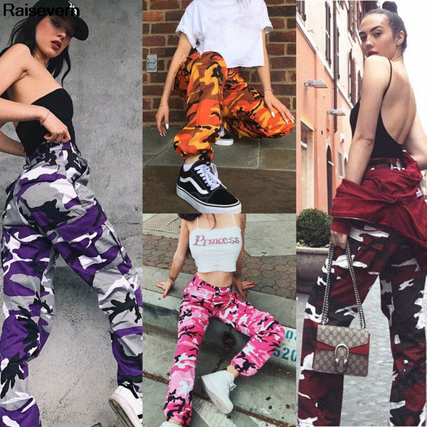 2018 Fashion Womens Camo Cargo Trousers Casual Grey Purple Red Pants Army Combat Camouflage Jogger Pants Dropship