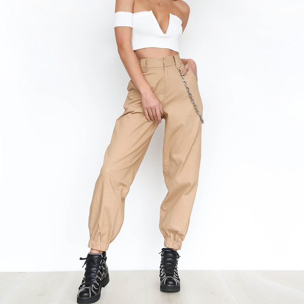 Khaki cargo pants with chain Women cool trousers Black white female street wear Casual autumn summer casual thin pants outwear