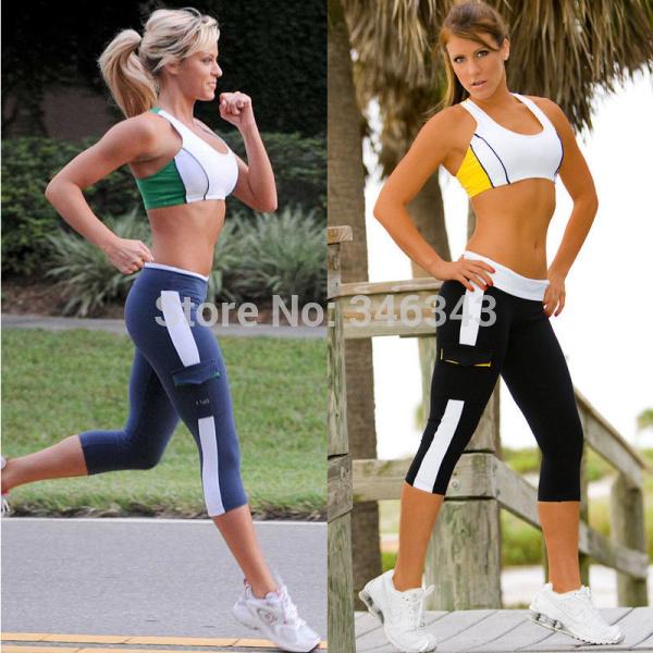 New 2014 Women Capri Running yoga Sport Pants High Waist Cropped Leggings Fitness