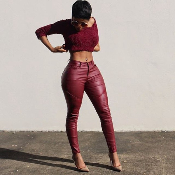 Women Leather Pants 2016 Hot Spring Skinny PU Faux Leather Pant Sexy Black Wine Red Mid Waist Elastic Pencil Pants Trousers S-XL