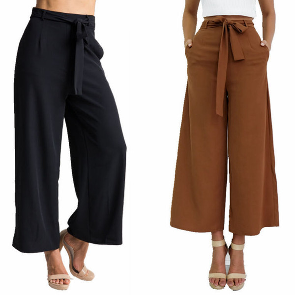 2018 New Cheap Women Summer Black Brown Chiffon Pants Women Clothes Fashion Casual Wide Leg Pants Spring Autumn Pants Trousers FS3006