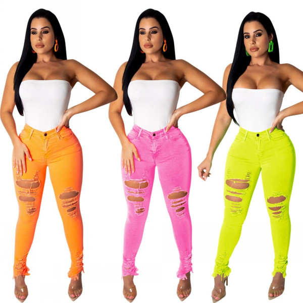 2019 New Arrives Candy Colors Demin Women Jeans Sexy Holes Style High Waist Pockets Casual Pants Street Club Skinny Trousers Spring Summer