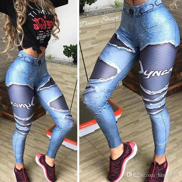 Women Yoga trousers pants Tights trousers Female High waist dance active Lady stripe 3d print imitation jeans printing Leggings Skinny silm