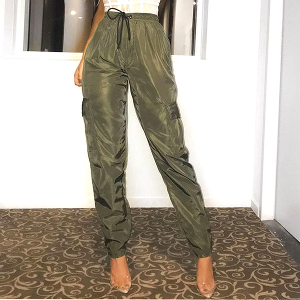 2019 New Fashion Women Cargo Pants High Waist Drawstring Jogger Pants Ladies Pink Joggers Pantalon Cargo Femme Casual Trousers