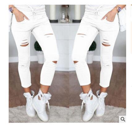 Women Fashion Cotton Hole Pencil Pants Skinny Nine Points Pants High Waist Stretch Jeans Slim Pencil Trousers Capris