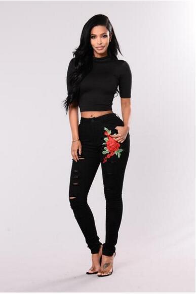 Women Pants Destroyed Ripped Distressed High Waist Stretchy Skinny Denim Pants Embroidery Women Casual Slim Trousers