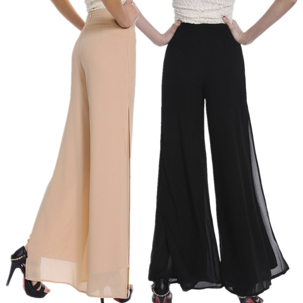 Wholesale-Women Ladies Vintage Loose High Waist Long Trousers Chiffon Side Split Casual Palazzo Pants Wide Leg Pants pantalones