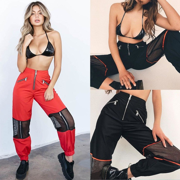 Women Mesh Zipper High Waist Sports Combat Pants Hip-pop Harem Pants Trousers