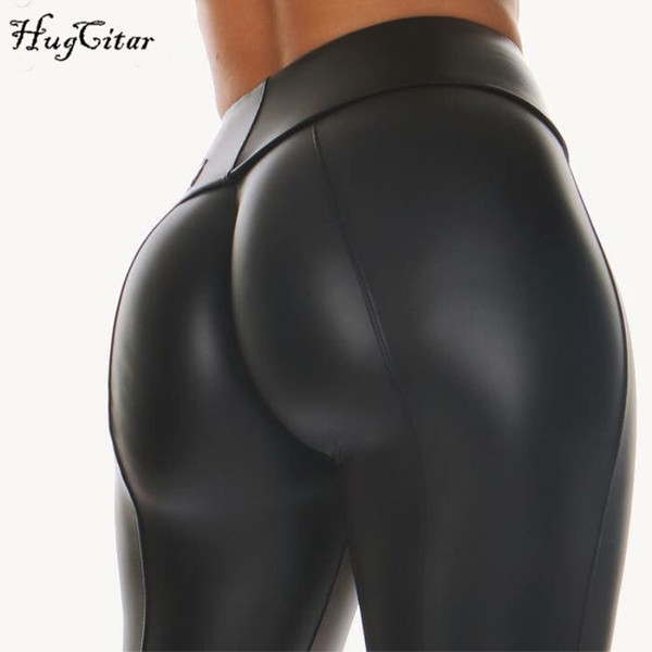 Hugcitar PU leather high waist sexy leggings 2018 autumn winter women fashion club solid patchwork pants