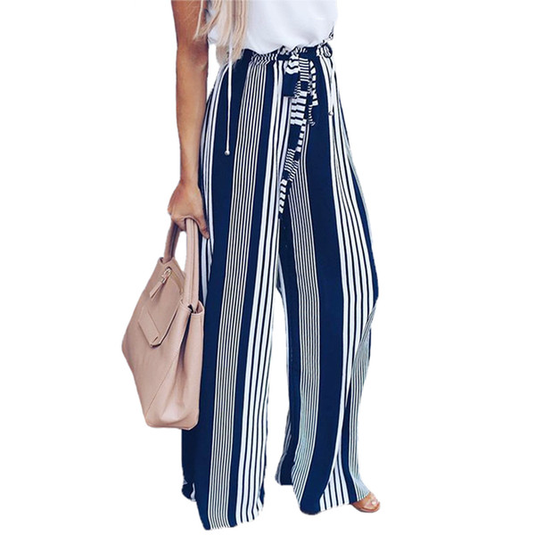 fashion autumn women casual pants white black striped bow tie drawstring sweet elastic Wide Leg trousers 715616