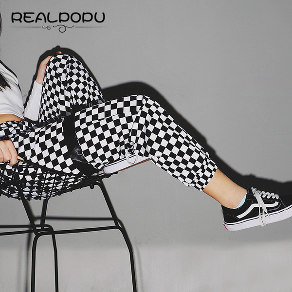 Fashion Pladi Harm Pants Women High Waist Sweatpants Patchwork Striped Long Pantalon Femme Checkerboard Pattern Casual Trousers