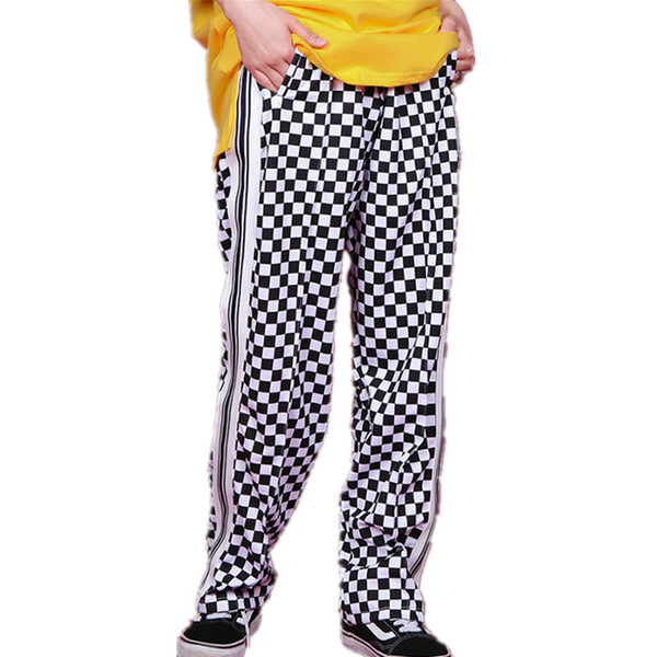 Harajuku Style Checkerboard Wide Leg Pants Women Side Stripes Loose Plaid Pants