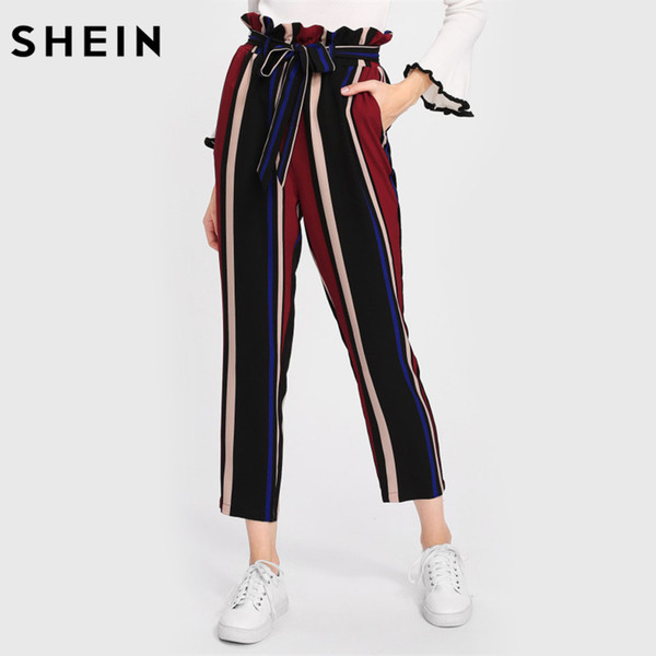 SHEIN Pants Women Self Belted Frilled Waist Striped Pants Elastic Waist Trousers Women Multicolor Mid ElePants