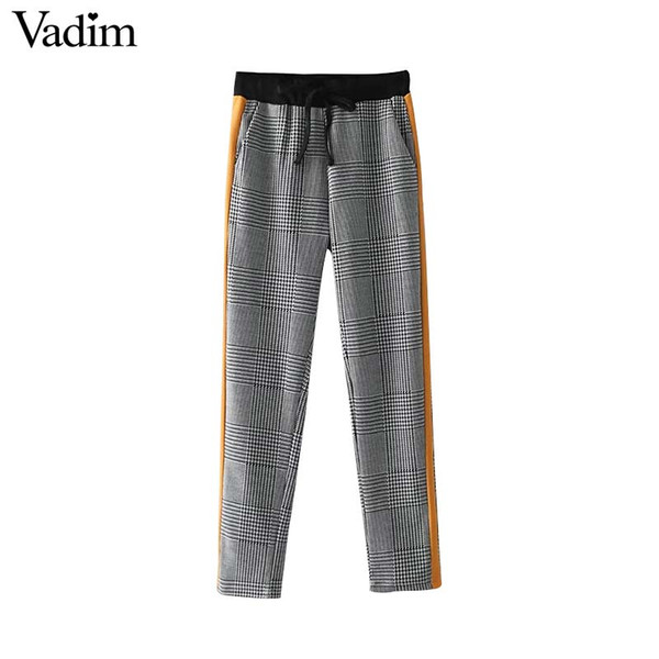 Vadim casual side stripe plaid pants Houndstooth elastic waist pocket retro female streetwear autumn brand trousers mujer KZ1182