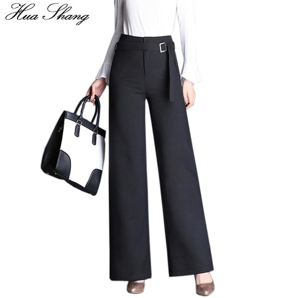 Autumn Fashion Office Lady Style Formal Pants High Waist Wide Leg Pants Women Black Trousers With Belt Plus Size Female