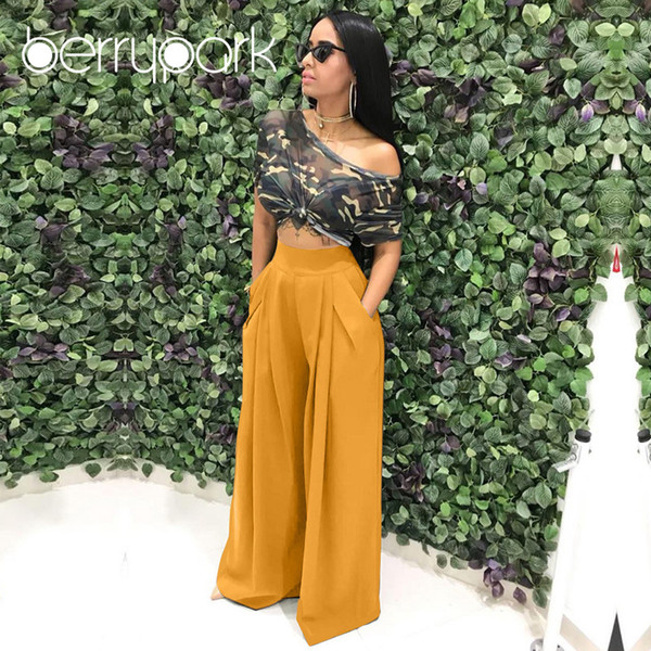 BerryPark 2018 Trend High Street Loose Palazzo Pants Office Lady Wide Leg Trousers Women Elegant OL Style Fashion Flare Pants