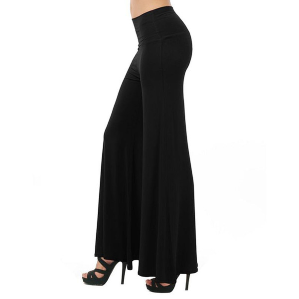 Women Bell-booms Casual Pants Fashion Trousers Elastic Waist Black Wide Leg