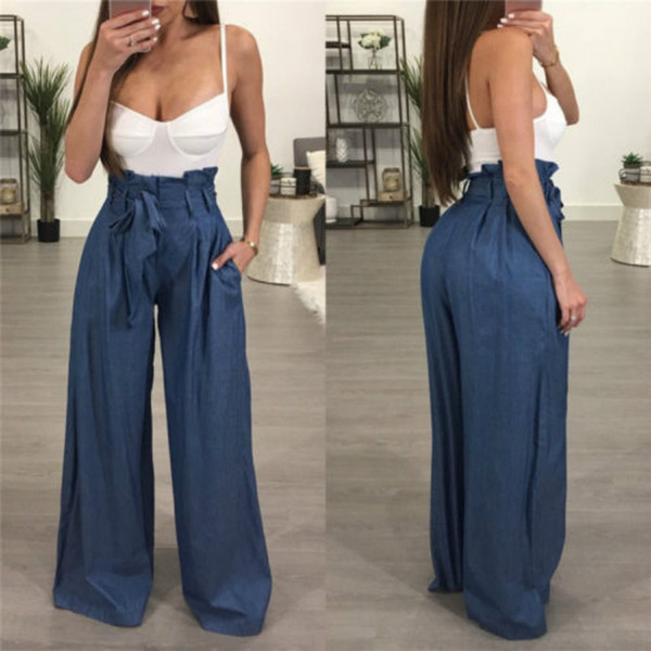 2018 Women High Waist Palazzo Denim Look Wide Leg Long Pants Culottes Trouser Women Casual Pant Blue Black Red