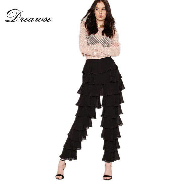 Dreawse Casual Loose Black Trend Personality Mid Waist Tiered Ruffle Slim Vintage Elegant Long Flare Pants Tower Pants D9875