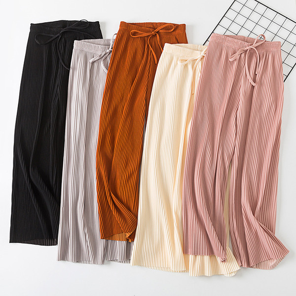 Summer Loose Solid High Elastic Waist Chiffon Wide Leg Pants Casual Palazzo Culottes Pants Elegant Trousers For Women Drawstring