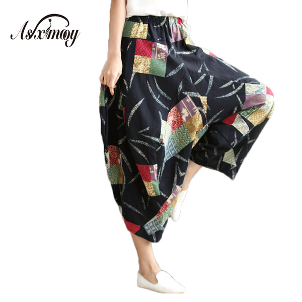 Plus Size Spring Summer Casual Vintage Cotton Linen Pants Women Elastic High Waist Wide Leg Pants Harem Pantalones