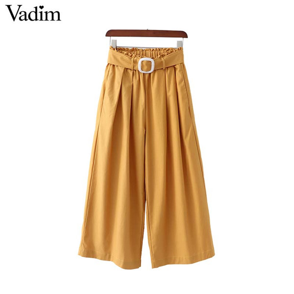 Vadim women elegant solid wide leg pants sashes vintage female ankle length trousers office wear pantalones KA894