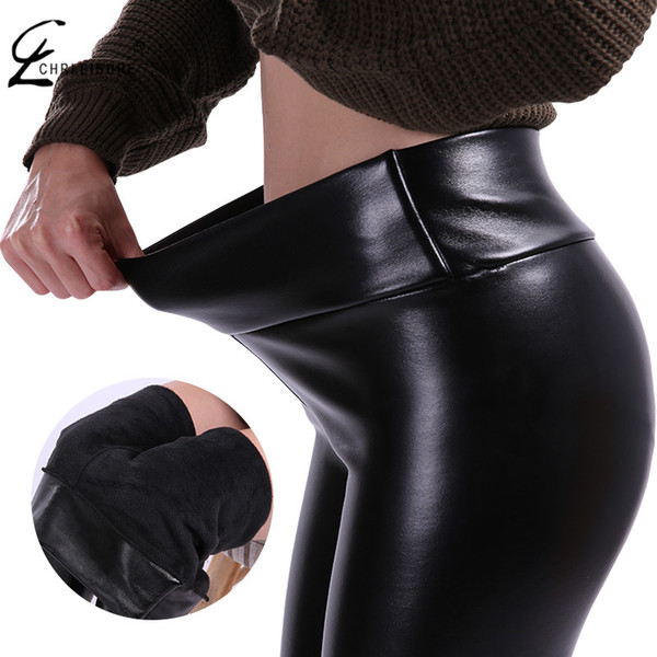 CHRLEISURE S-5XL Women Plus Size Winter Leather Pants Warm Veet Pant High Waist Trousers Women Thick Stretch Pantalon Femme