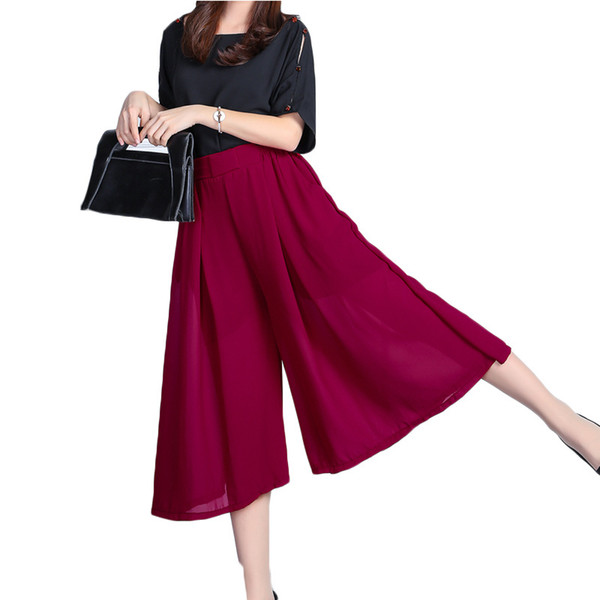 2017 New Summer Fashion Women Solid Wide Leg Loose Chiffon Dress Pants Female Casual Skirt Trousers Capris Culottes 17-30E