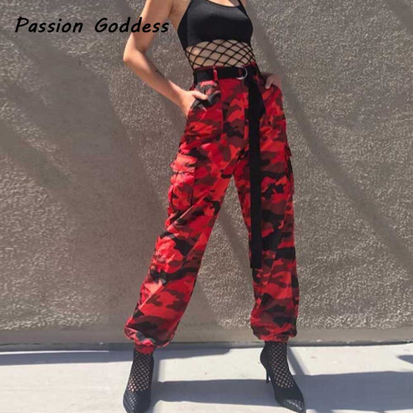 European Fashion Women Red Camo Cargo Pants HipHop Dance Red Camouflage Trousers Femme Jean Trousers Pantalon Mujer