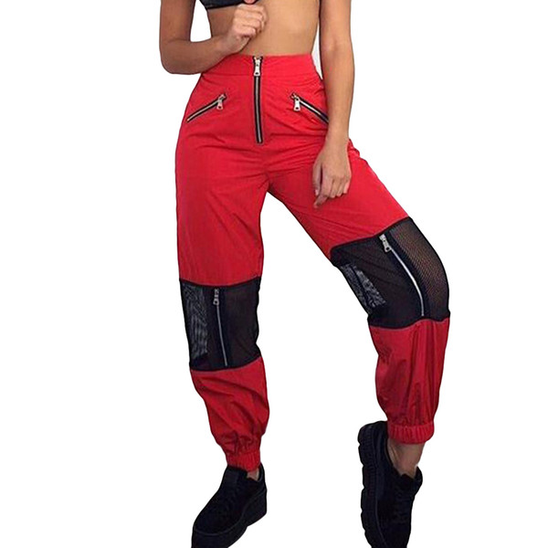 Fashion Zipper Pant Women Winter High Waist Skinny Warm Mesh Loose Hip Hop Pants Black Elastic Waist Trousers Black Red