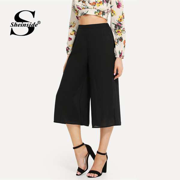 Sheinside Office Ladies Workwear Black Wide Leg Pants Solid Elastic Waist Loose Elegant 2018 Women Summer Trousers