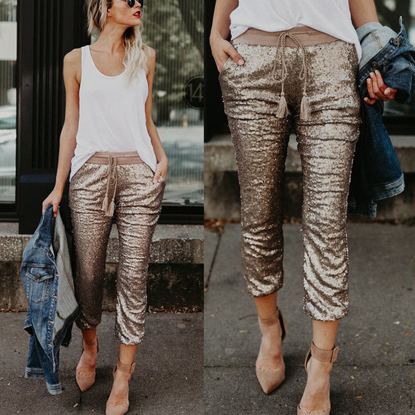 Brand New 2019 Women High Waist Skinny Ankle-Length Regular Pants Sequins Glitter Leggings Joggings Trousers Clubwear